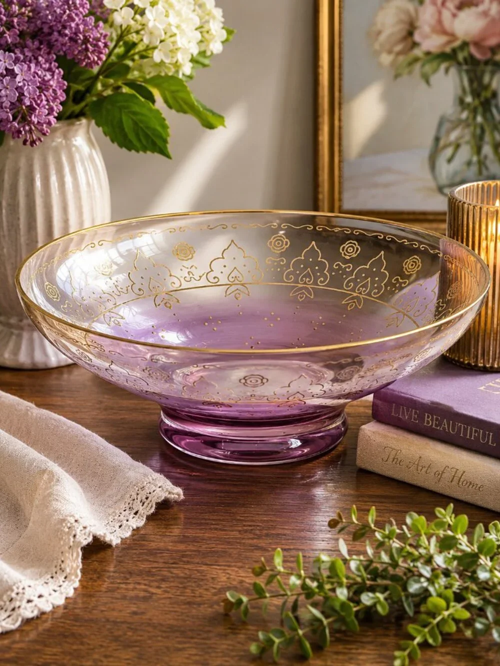 Vintage Amethyst Ombre Art Glass Centerpiece Bowl Gold Enamel 12